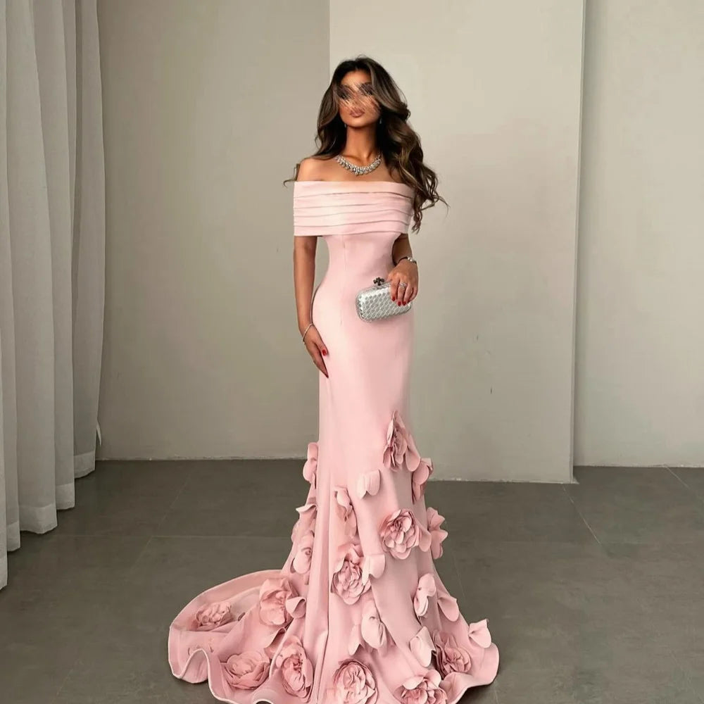 Mila Off-Shoulder Mermaid Prom Dress – 3D Flowers & Court Train