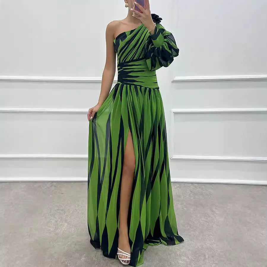 Printed One-Shoulder Long Dress – Casual Split Style for Spring & Autumn