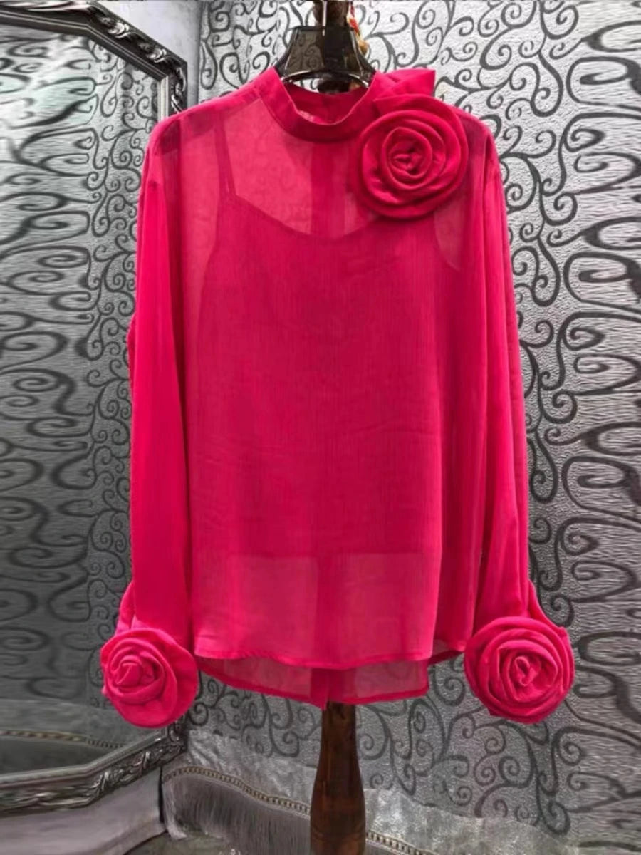 3D Flower Chiffon Shirt for Women – Lightweight Long-Sleeve Spring/Summer Top