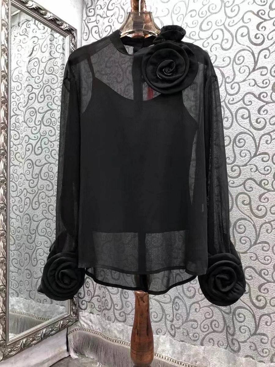 3D Flower Chiffon Shirt for Women – Lightweight Long-Sleeve Spring/Summer Top