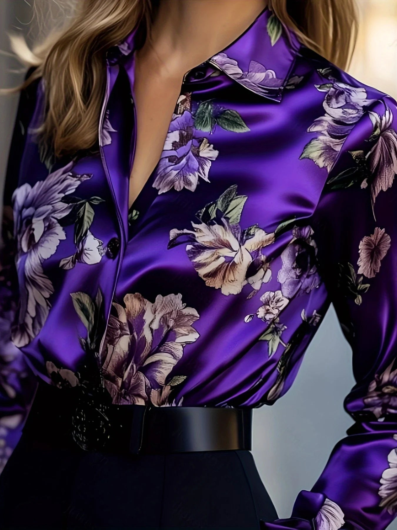 Satin Floral V-Neck Shirt – Elegant Long-Sleeve Spring Top