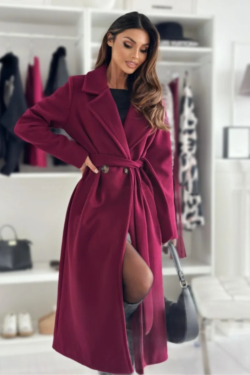 Elegant Warm Double-Breasted Belted Coat