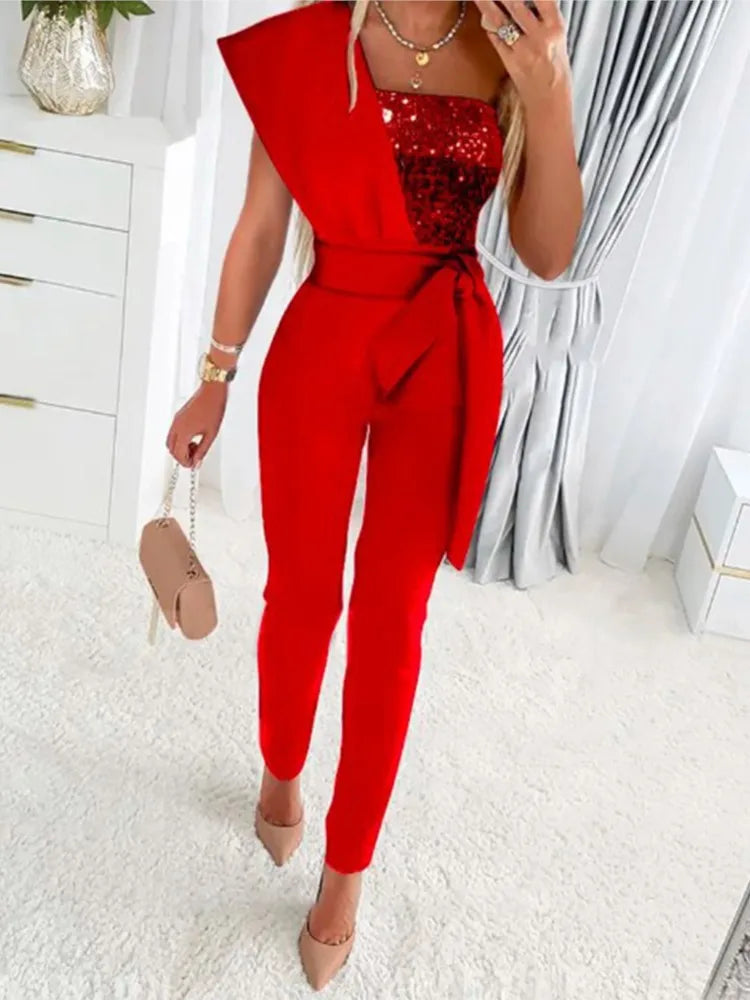 Sequin Patchwork Slim Jumpsuit for Women – Elegant Summer Style