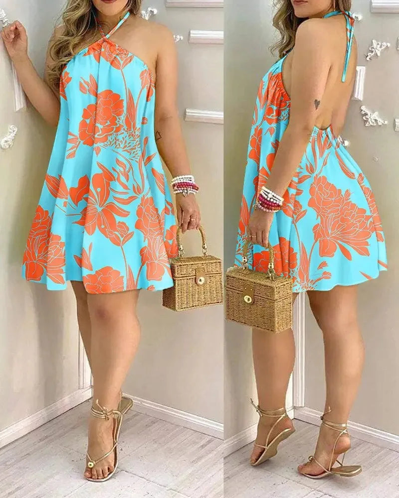 Tropical Halter Backless Dress – Summer Vacation Style