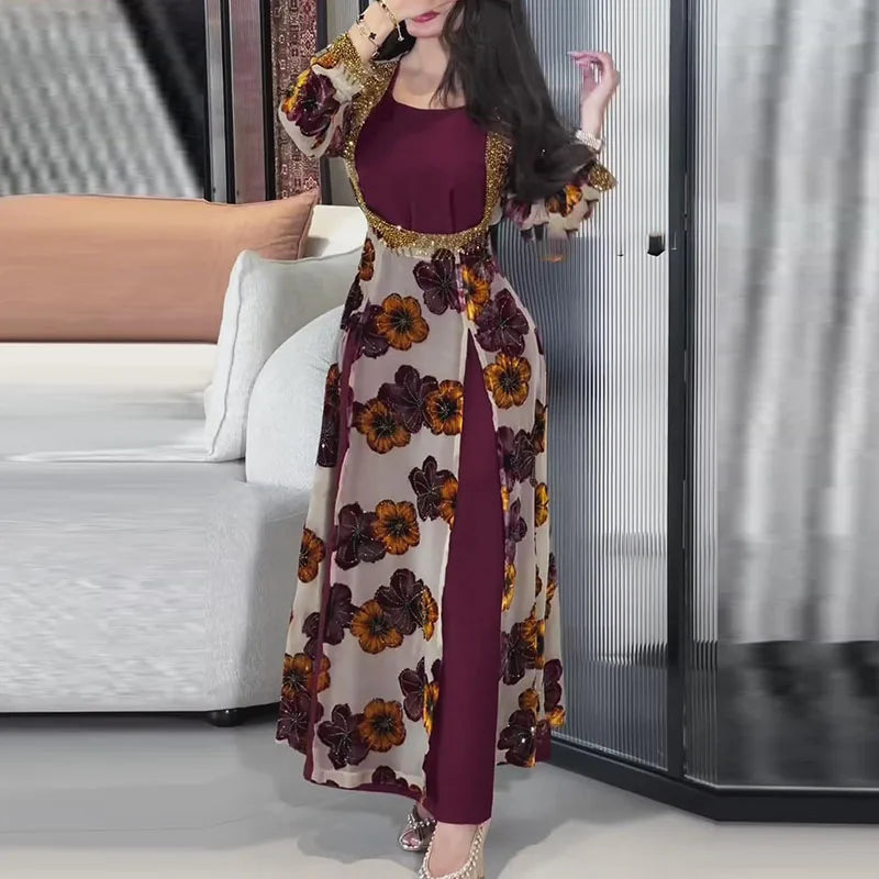 Elegant floral vintage long dress with chiffon, long sleeves, and a flattering high waist.