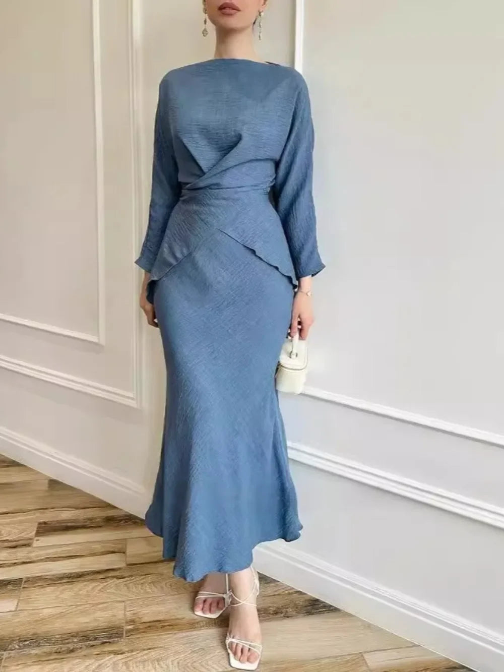Modest two-piece set with blouse and long skirt — elegant for Ramadan and special occasions.