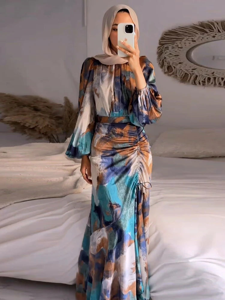 Printed long abaya/kaftan — elegant for Ramadan, Eid, and special occasions.