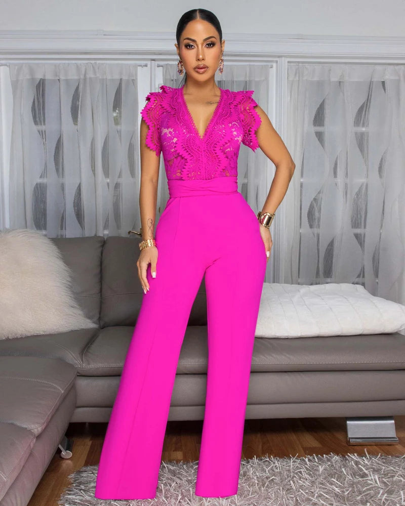 Elegant Lace Patchwork V-Neck Romper for Women – Sleeveless & High-Waist