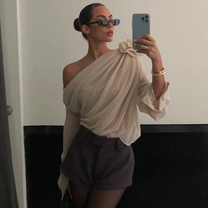 Irregular Off-Shoulder Flower Applique Crop Top – Summer Mesh Style