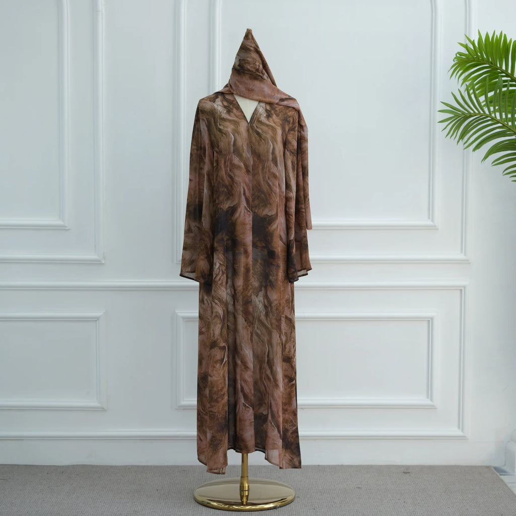 Summer Tie-Dye Chiffon Open Abaya with Scarf