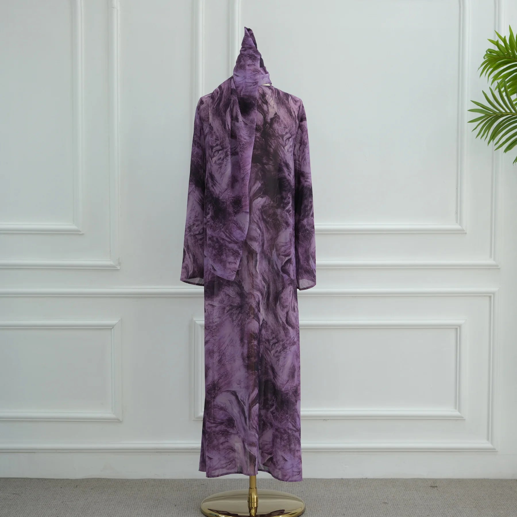 Summer Tie-Dye Chiffon Open Abaya with Scarf