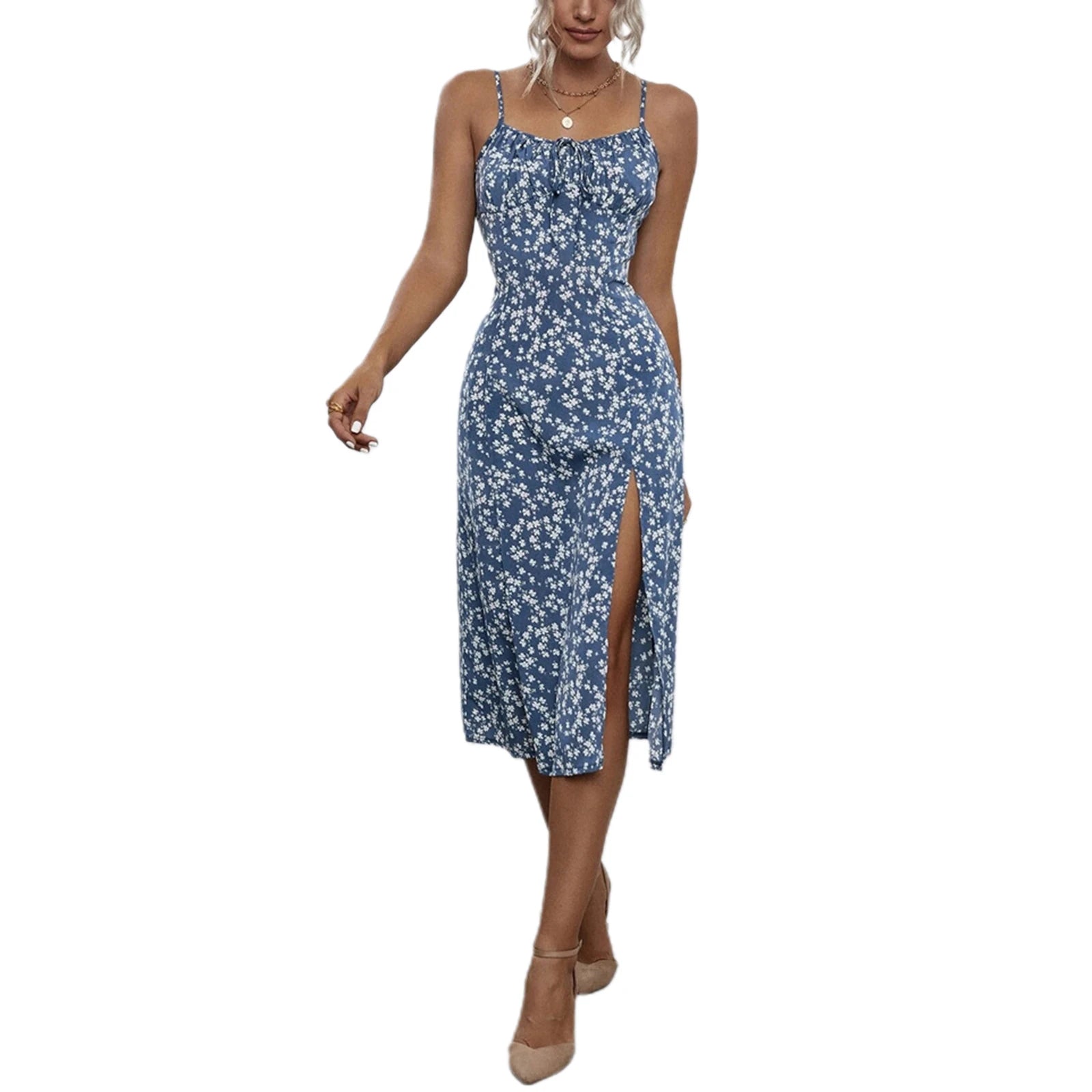 Summer Floral Spaghetti Strap Dress with High Slit