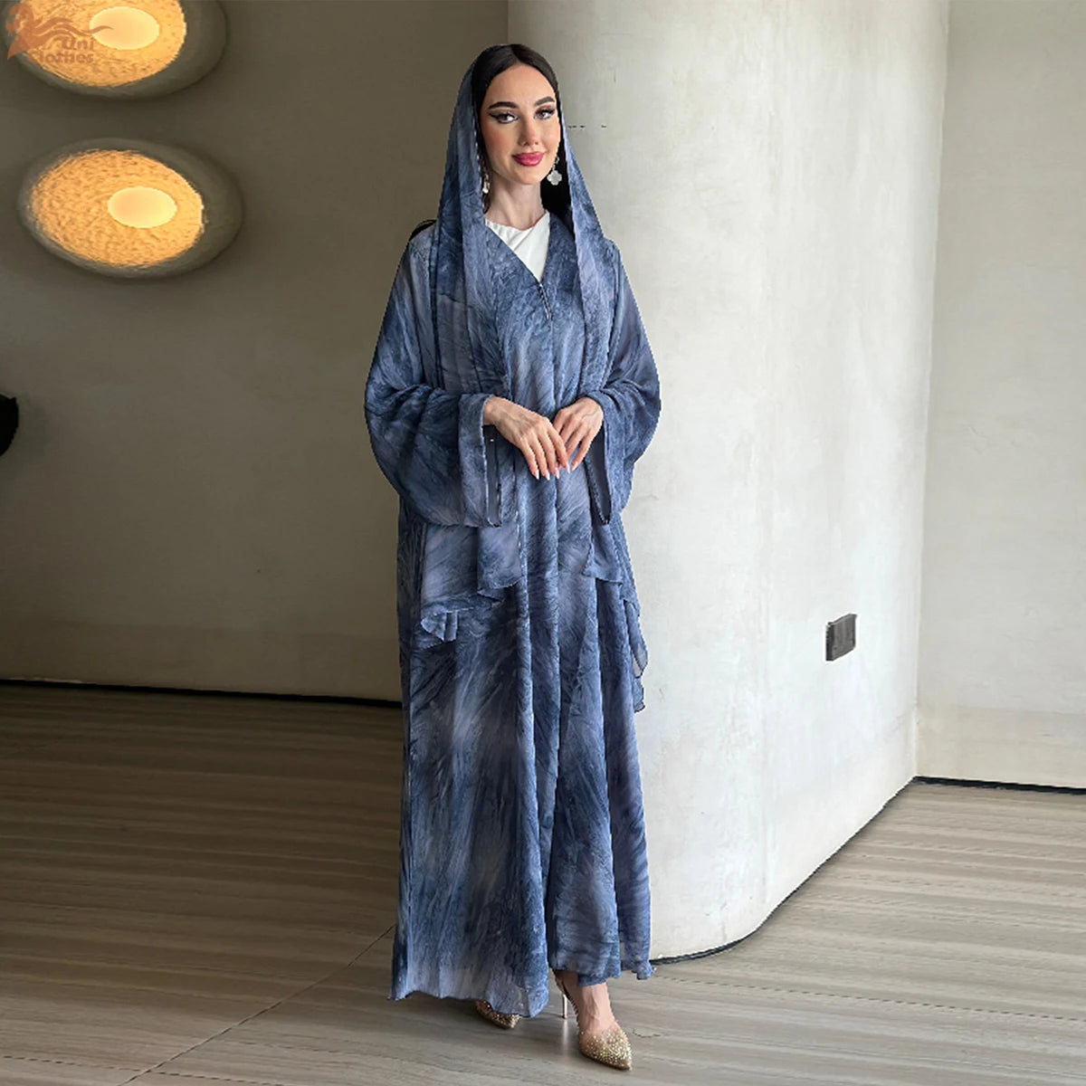 Summer Tie-Dye Chiffon Open Abaya with Scarf