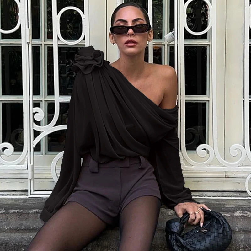 Irregular Off-Shoulder Flower Applique Crop Top – Summer Mesh Style