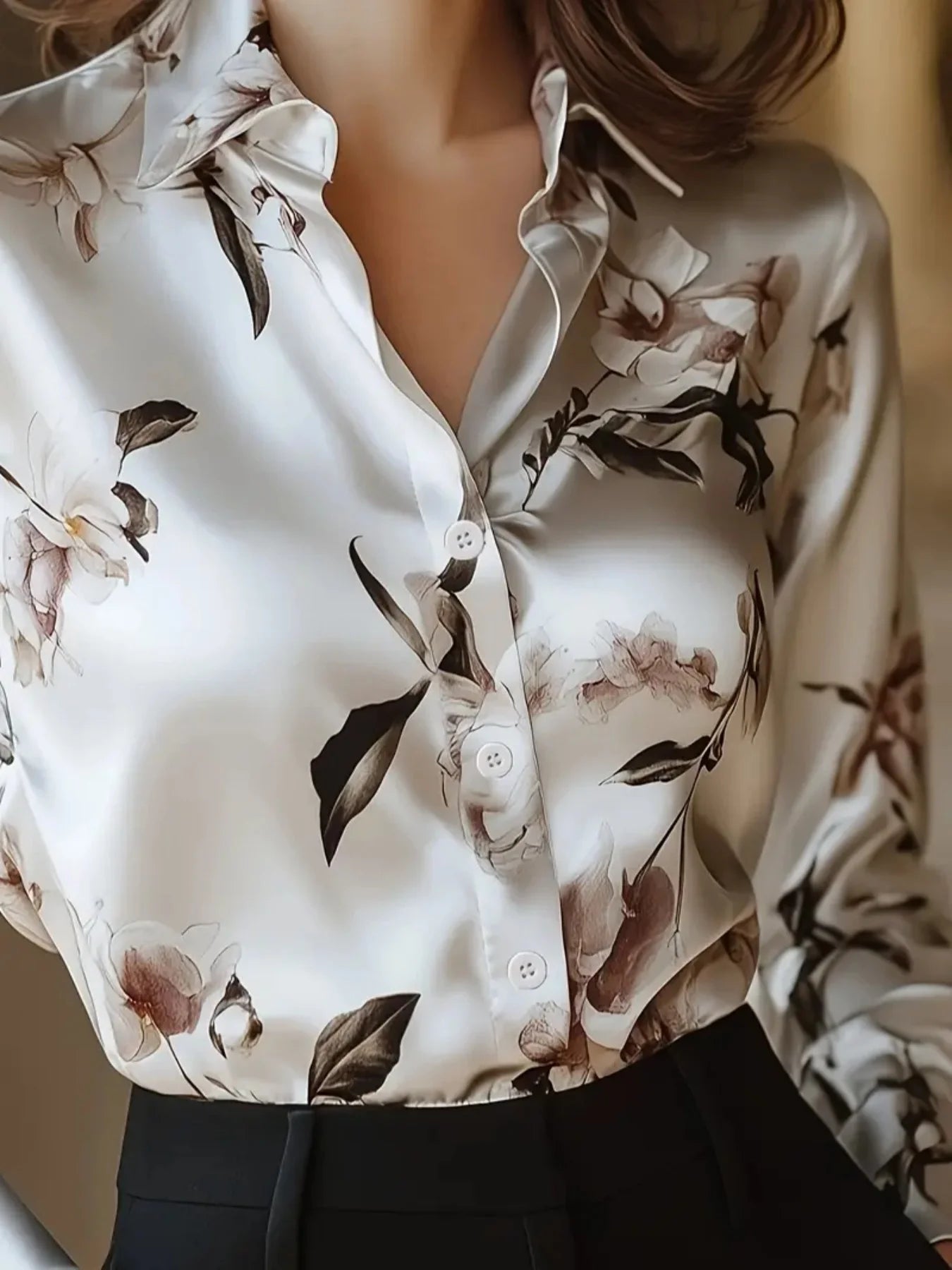 Satin Floral V-Neck Shirt – Elegant Long-Sleeve Spring Top