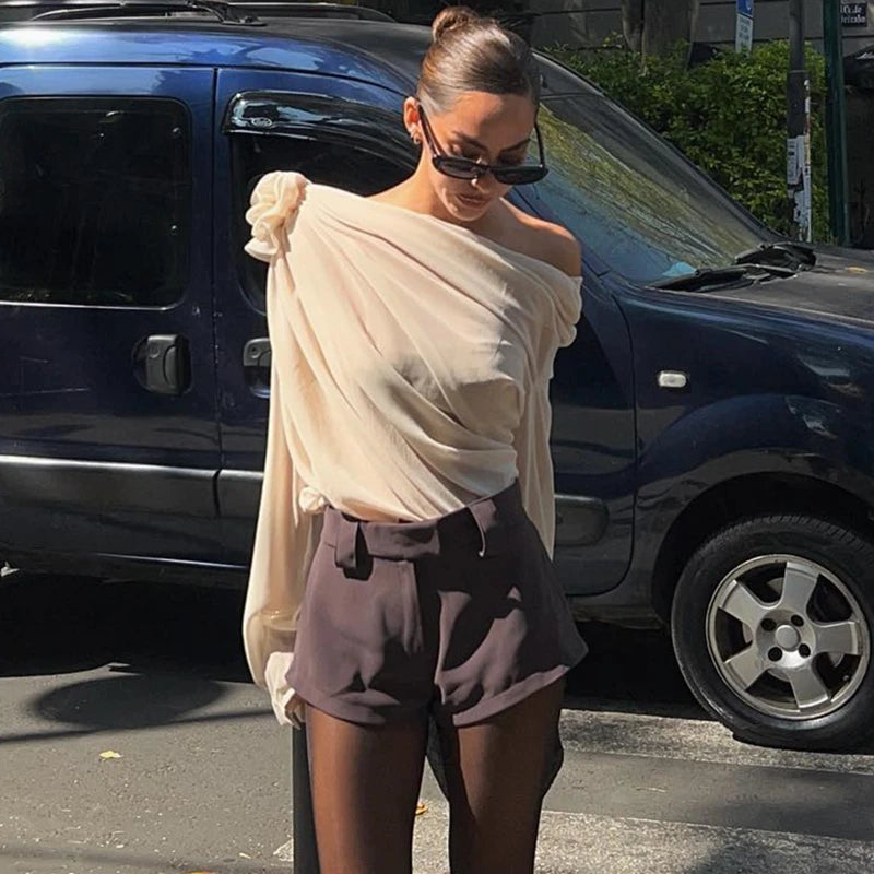 Irregular Off-Shoulder Flower Applique Crop Top – Summer Mesh Style