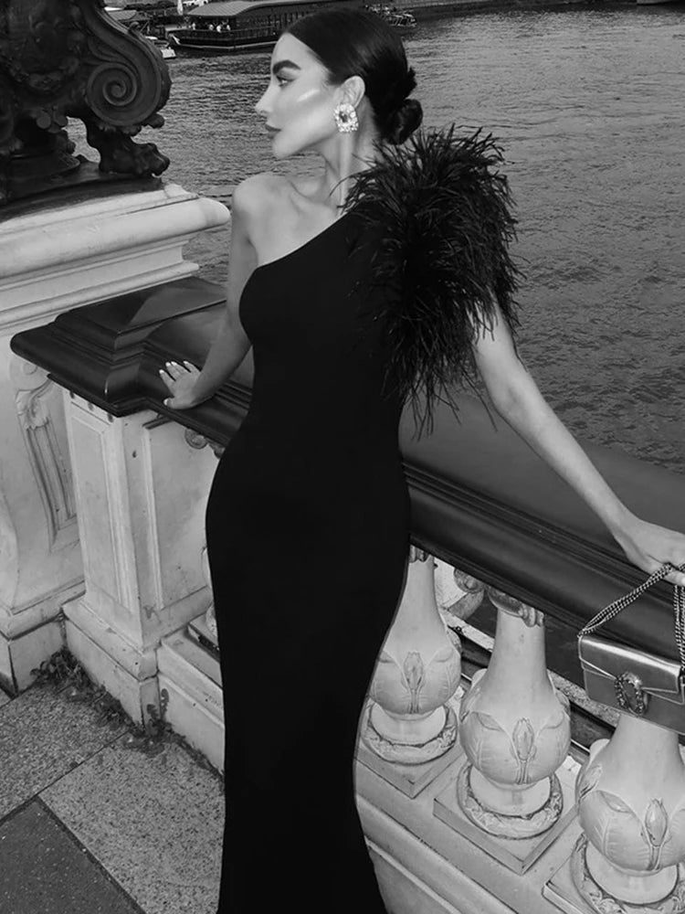 Black one-shoulder bodycon maxi dress — elegant, sexy, perfect for parties and evenings.