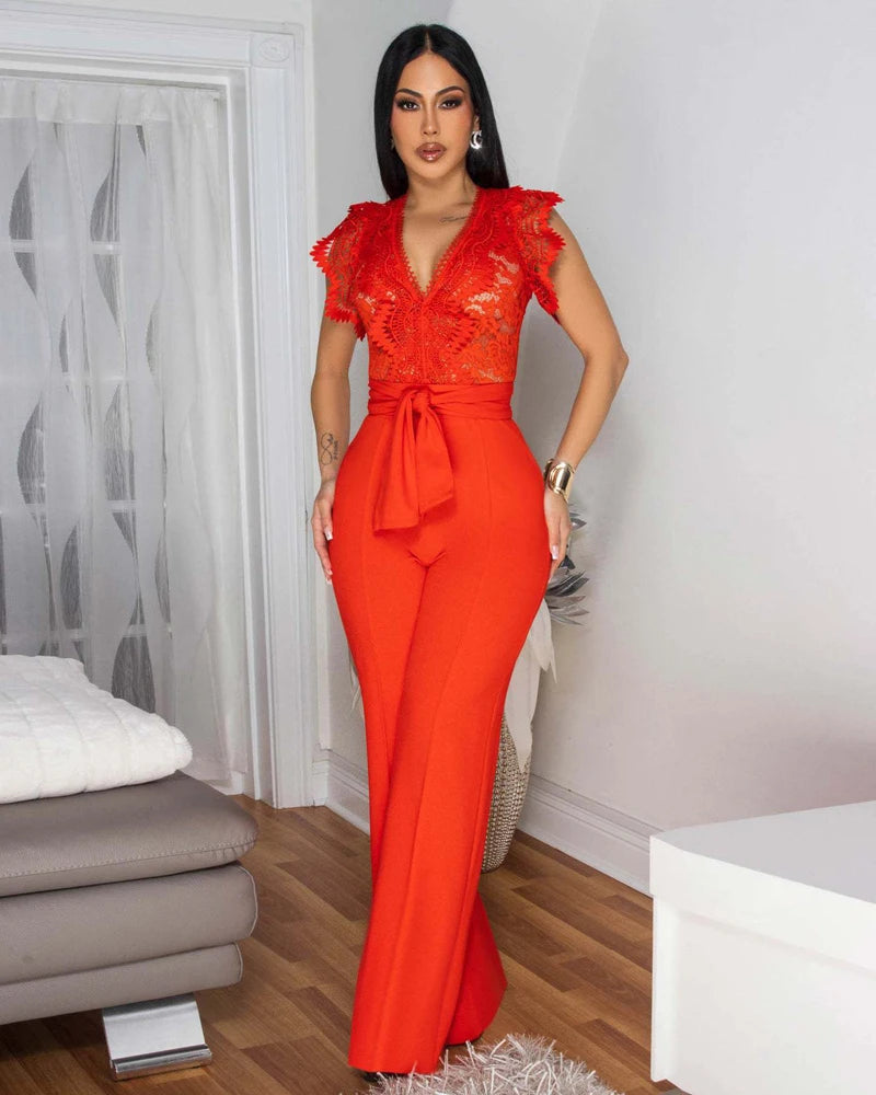 Elegant Lace Patchwork V-Neck Romper for Women – Sleeveless & High-Waist