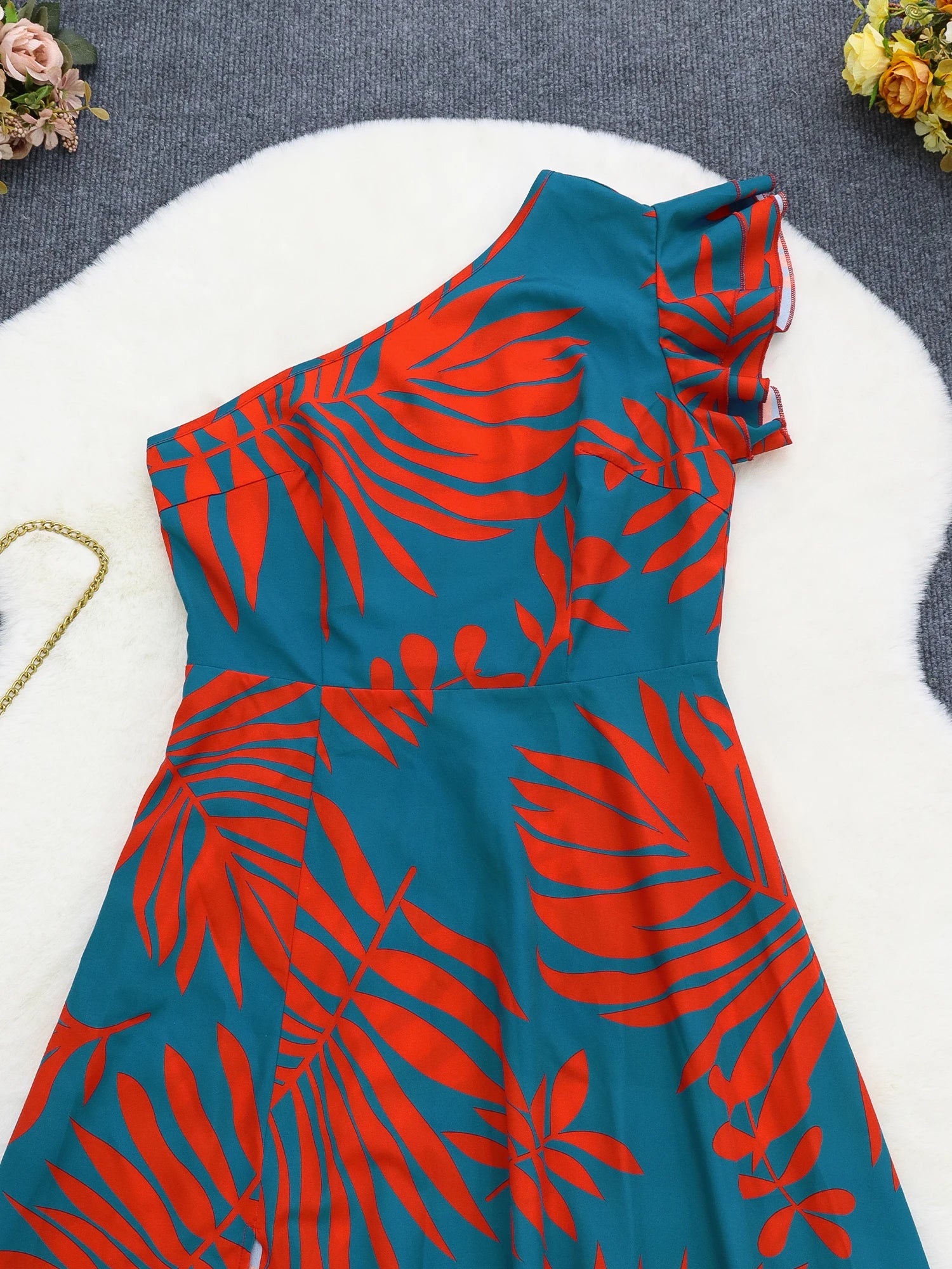 Tropical One-Shoulder Maxi Dress – Elegant Split Hem, Casual Chic Style