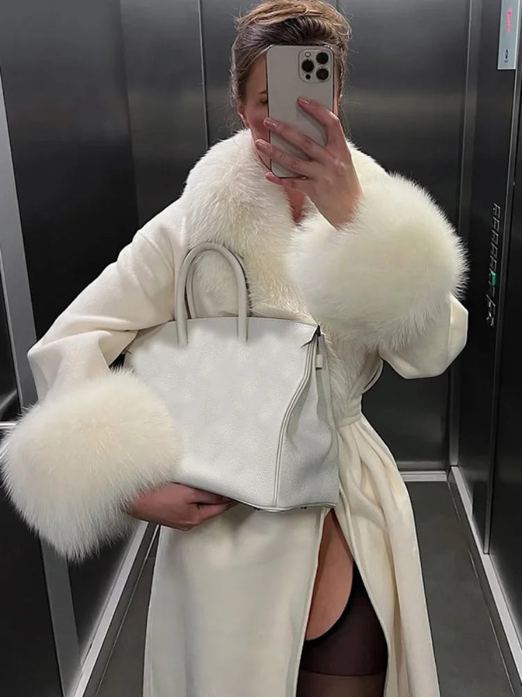 Autumn Faux Fur Woolen Patchwork Long Overcoat