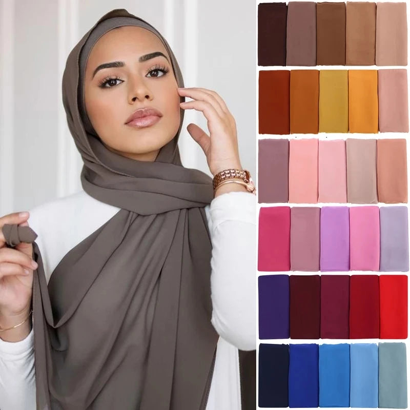 Long solid-color chiffon hijab — lightweight and elegant.