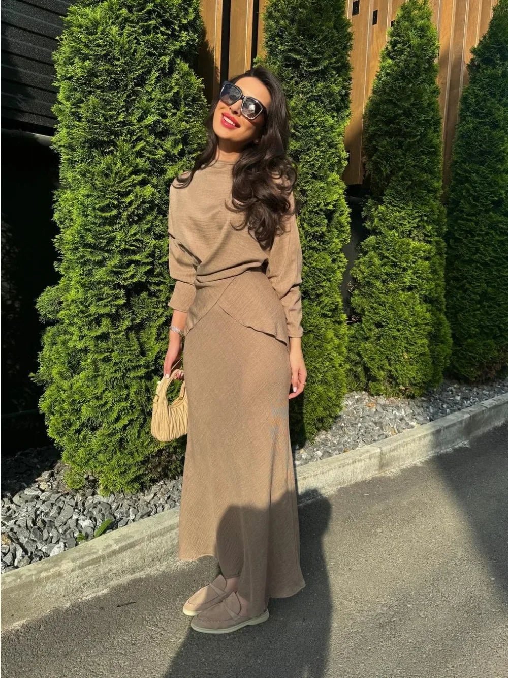 Modest two-piece set with blouse and long skirt — elegant for Ramadan and special occasions.