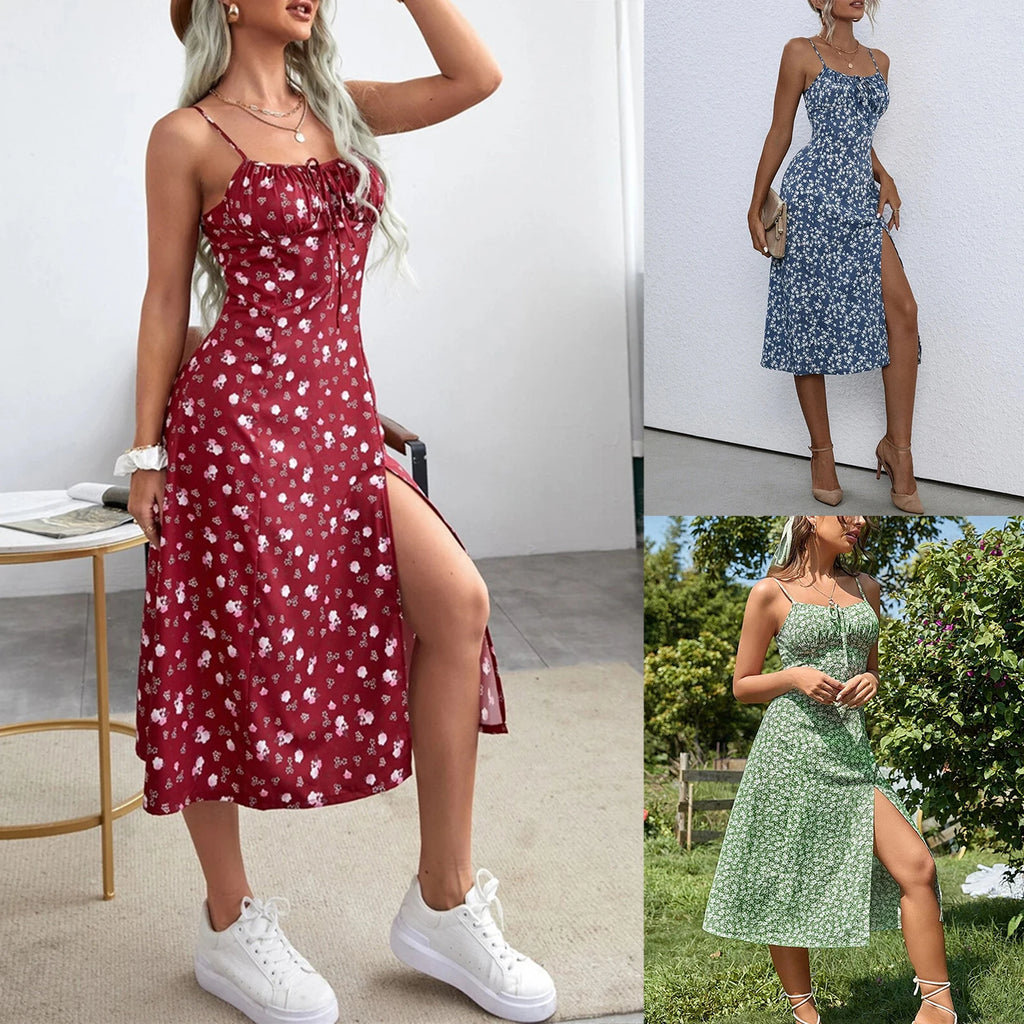 Summer Floral Spaghetti Strap Dress with High Slit