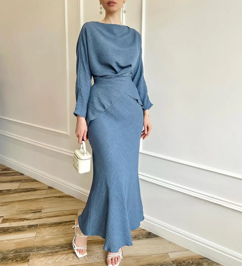 Modest two-piece set with blouse and long skirt — elegant for Ramadan and special occasions.