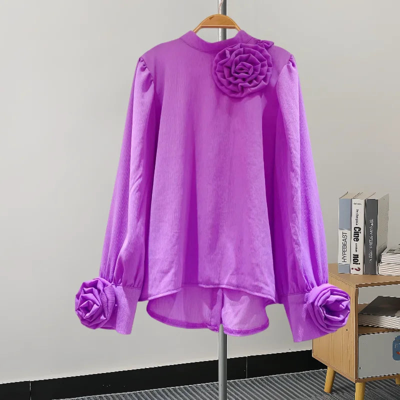 3D Flower Chiffon Shirt for Women – Lightweight Long-Sleeve Spring/Summer Top