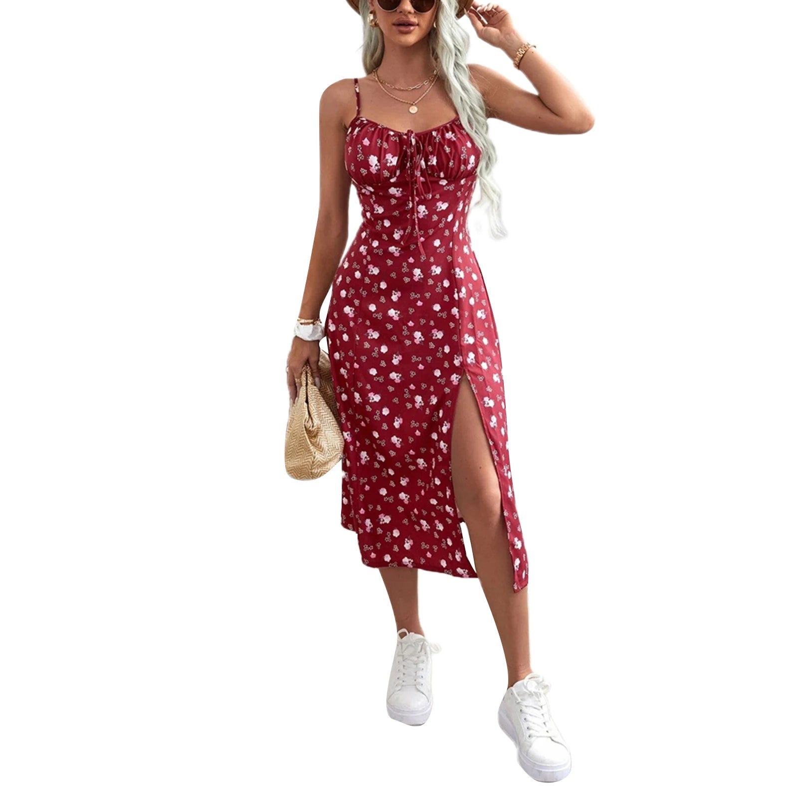Summer Floral Spaghetti Strap Dress with High Slit