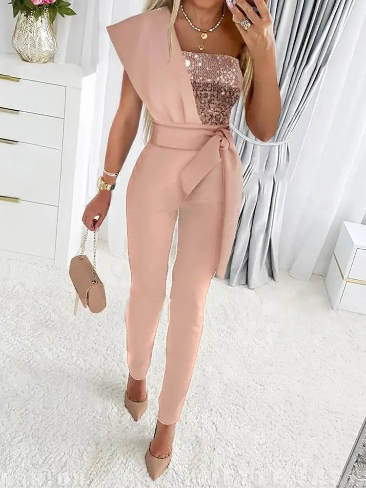 Sequin Patchwork Slim Jumpsuit for Women – Elegant Summer Style