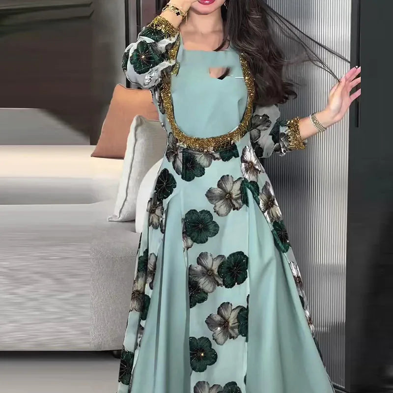 Elegant floral vintage long dress with chiffon, long sleeves, and a flattering high waist.