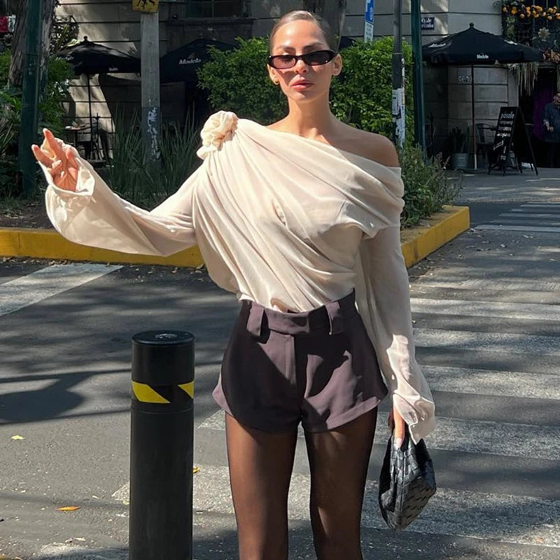 Irregular Off-Shoulder Flower Applique Crop Top – Summer Mesh Style