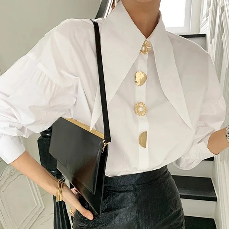 White Pearl-Detail Blouse – Loose Long-Sleeve Korean Chic Top