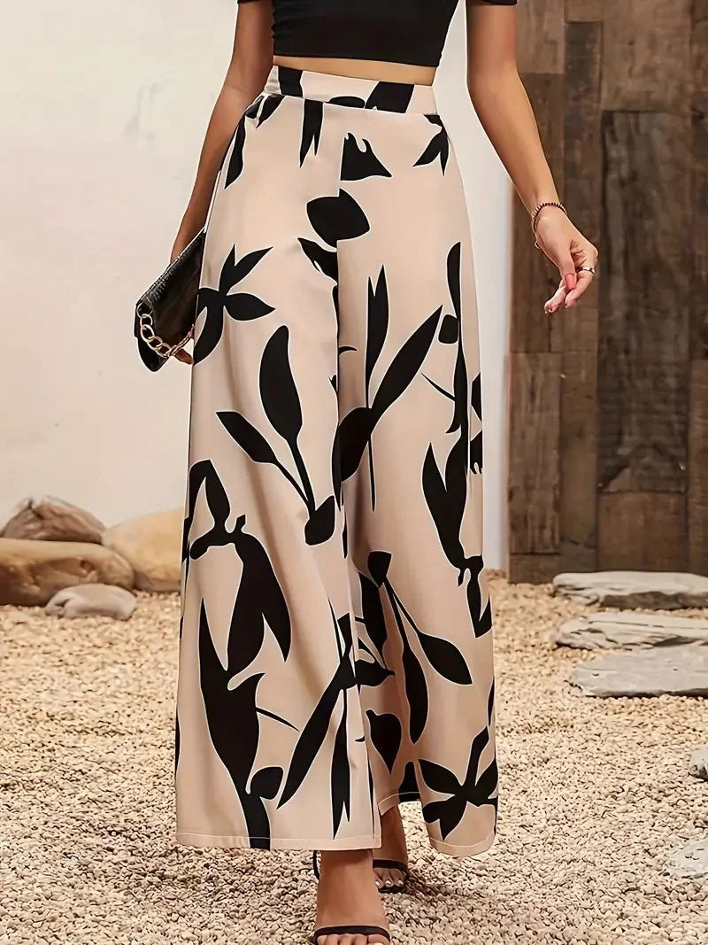 Leaf Print Wide-Leg Pants – Casual Women’s Style