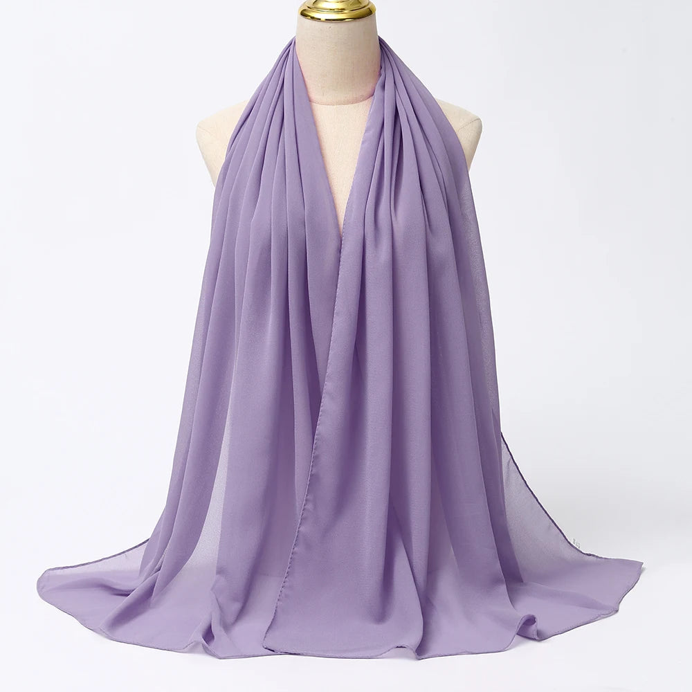 Long solid-color chiffon hijab — lightweight and elegant.
