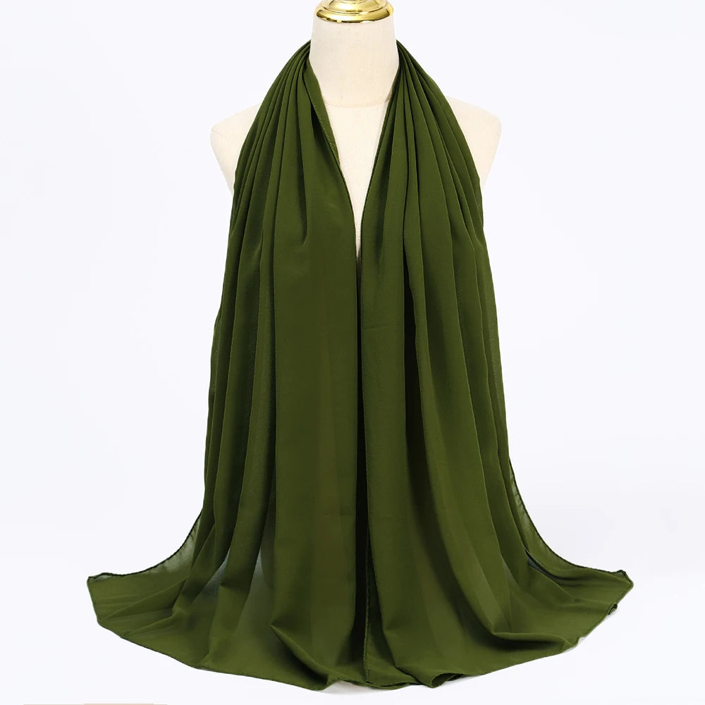 Long solid-color chiffon hijab — lightweight and elegant.