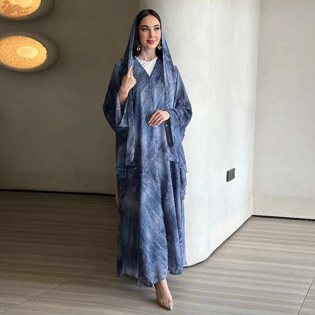 Summer Tie-Dye Chiffon Open Abaya with Scarf