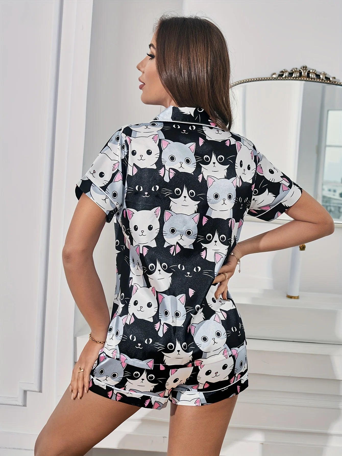 Cute Cat Print Satin Pajama Set Short