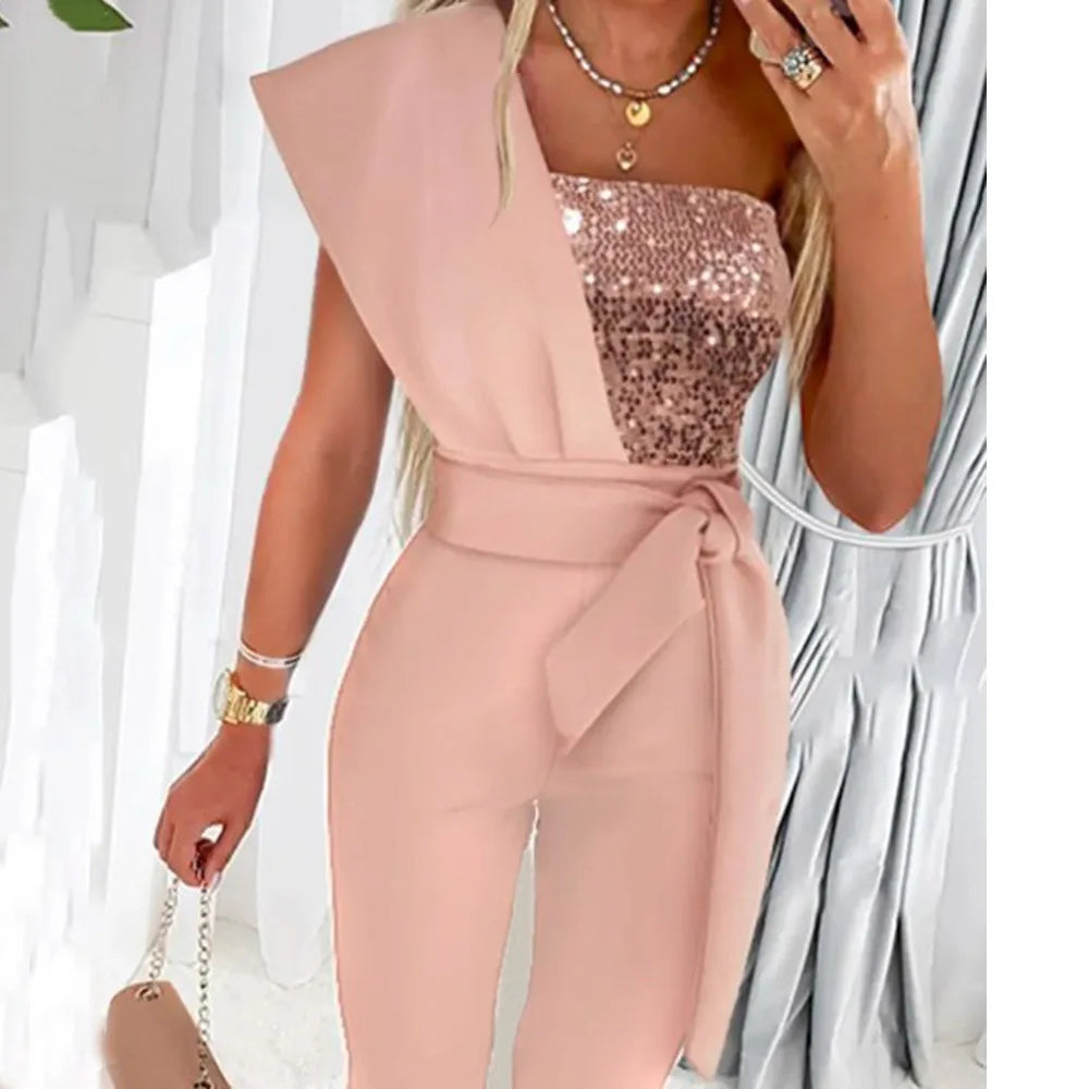 Sequin Patchwork Slim Jumpsuit for Women – Elegant Summer Style