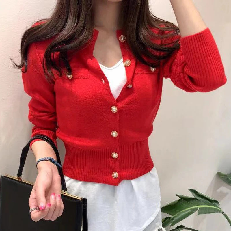 Autumn Knitted Cardigan for Women – Slim Fit, Long Sleeve, Korean Chic
