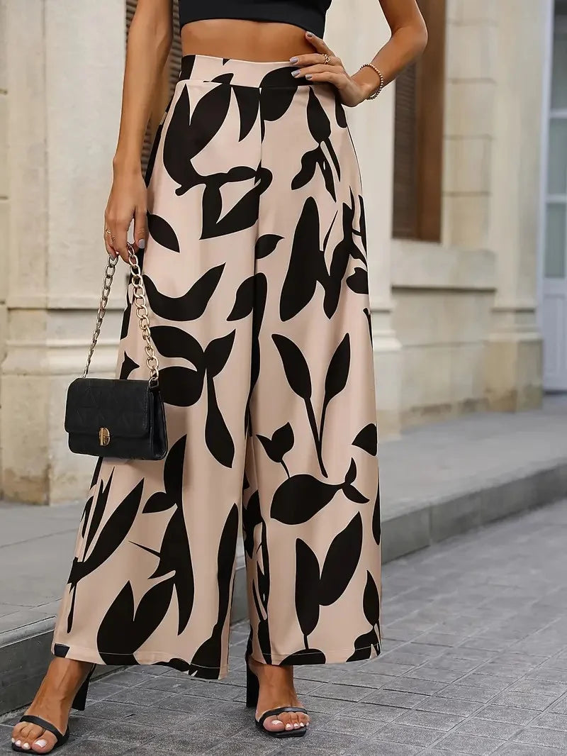 Leaf Print Wide-Leg Pants – Casual Women’s Style