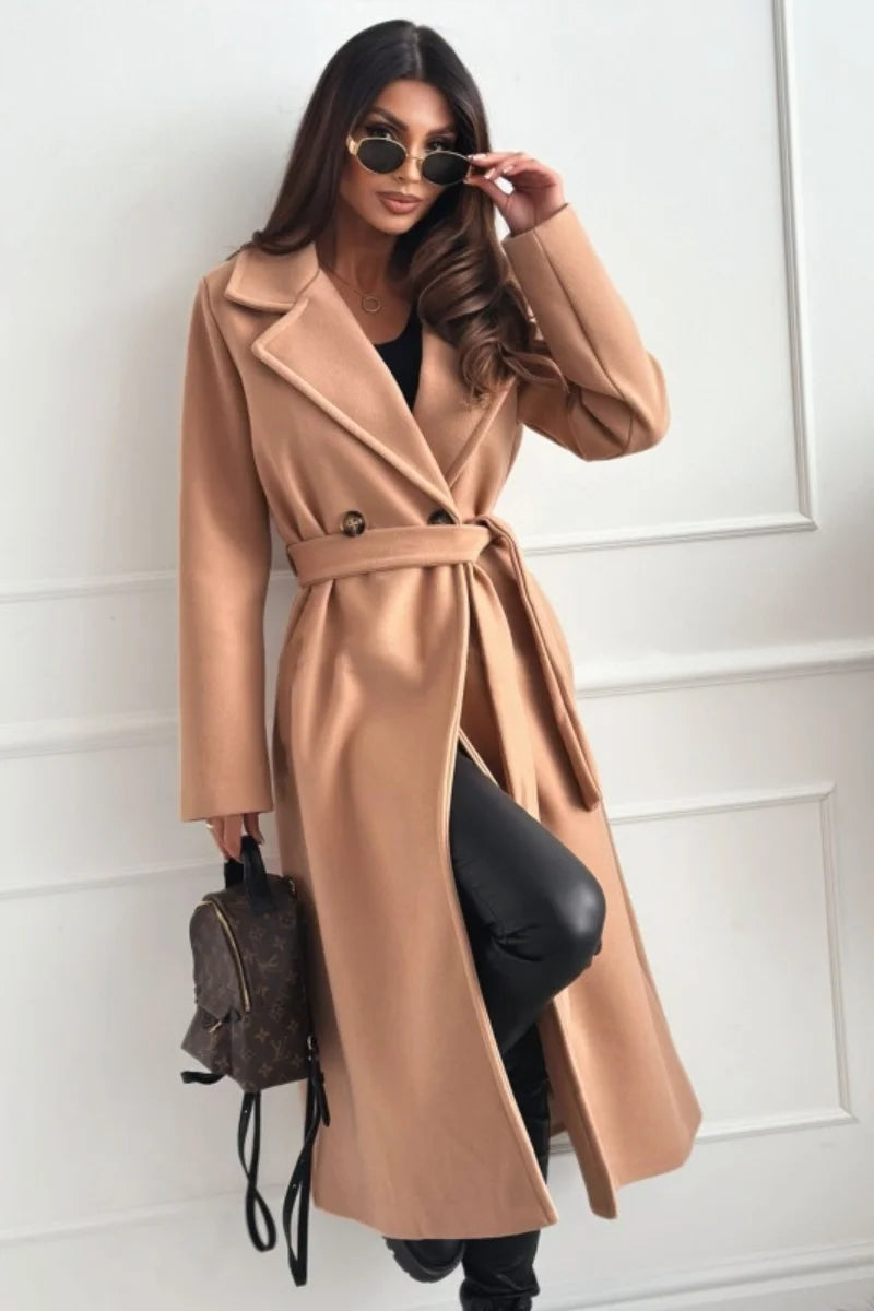 Elegant Warm Double-Breasted Belted Coat