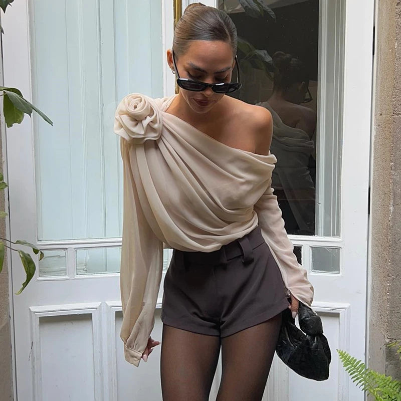 Irregular Off-Shoulder Flower Applique Crop Top – Summer Mesh Style