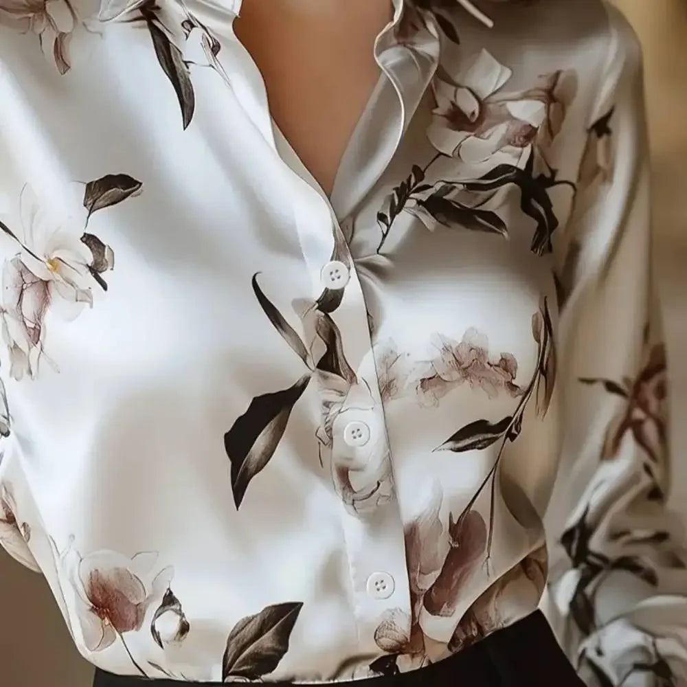 Satin Floral V-Neck Shirt – Elegant Long-Sleeve Spring Top
