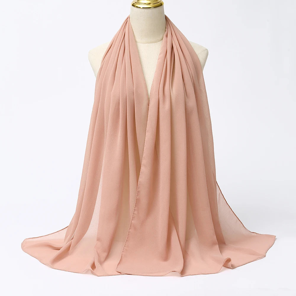 Long solid-color chiffon hijab — lightweight and elegant.