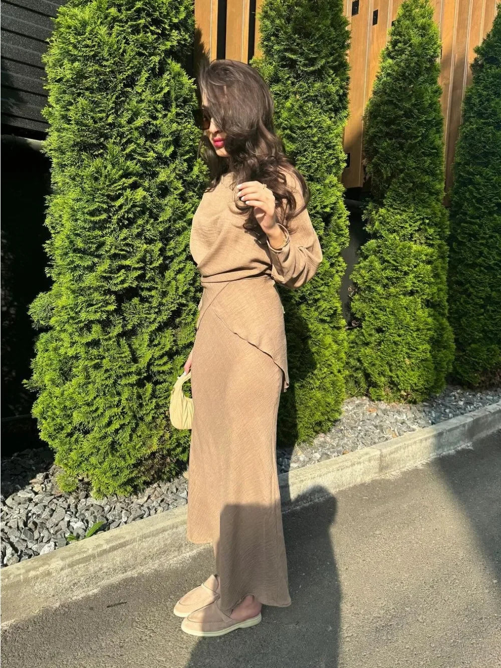 Modest two-piece set with blouse and long skirt — elegant for Ramadan and special occasions.