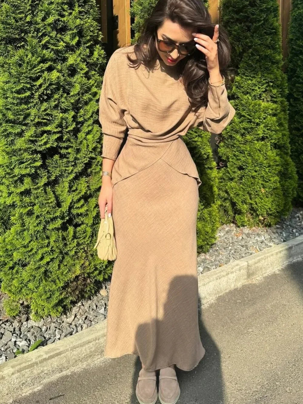 Modest two-piece set with blouse and long skirt — elegant for Ramadan and special occasions.