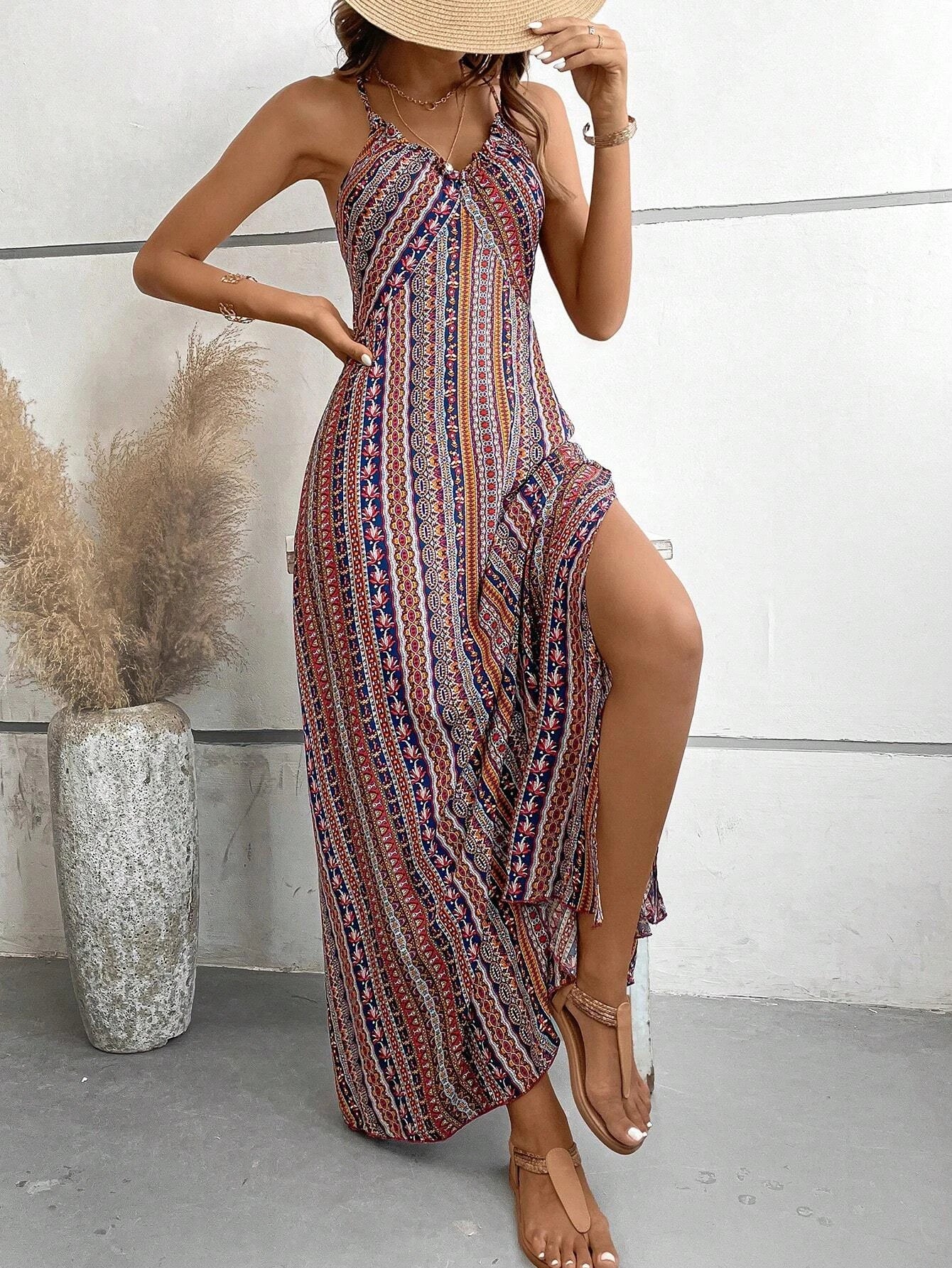 Boho Backless Split-Thigh Long Dress – Ethnic Summer Beach Style
