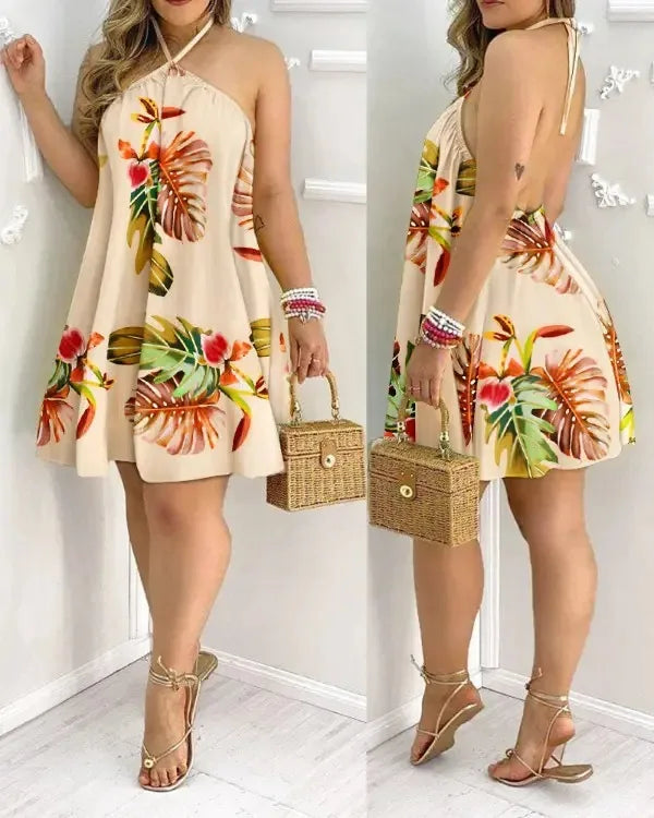 Tropical Halter Backless Dress – Summer Vacation Style
